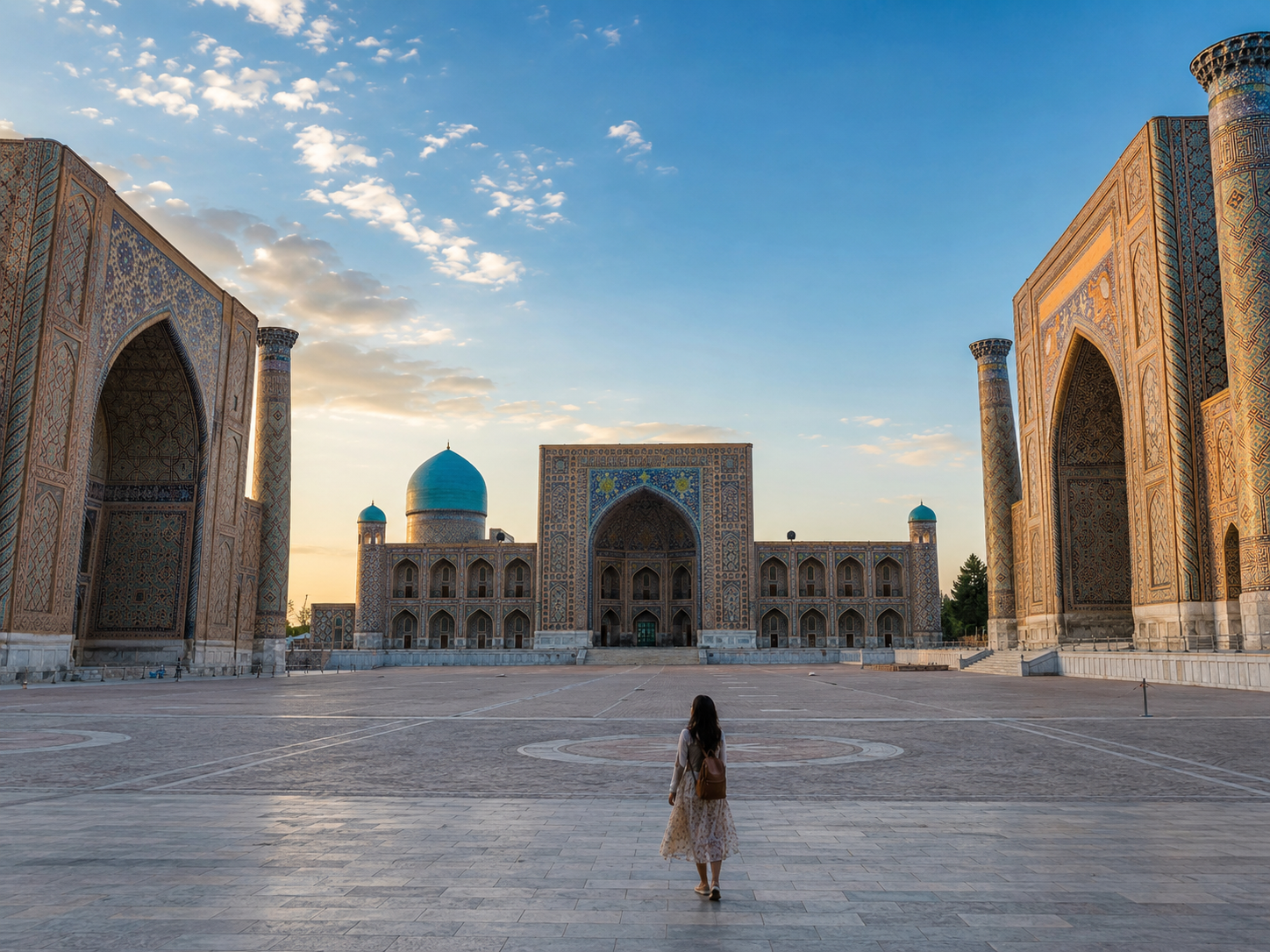 A traveler standing in Registan Square between the tiled madrasas of Samarkand
